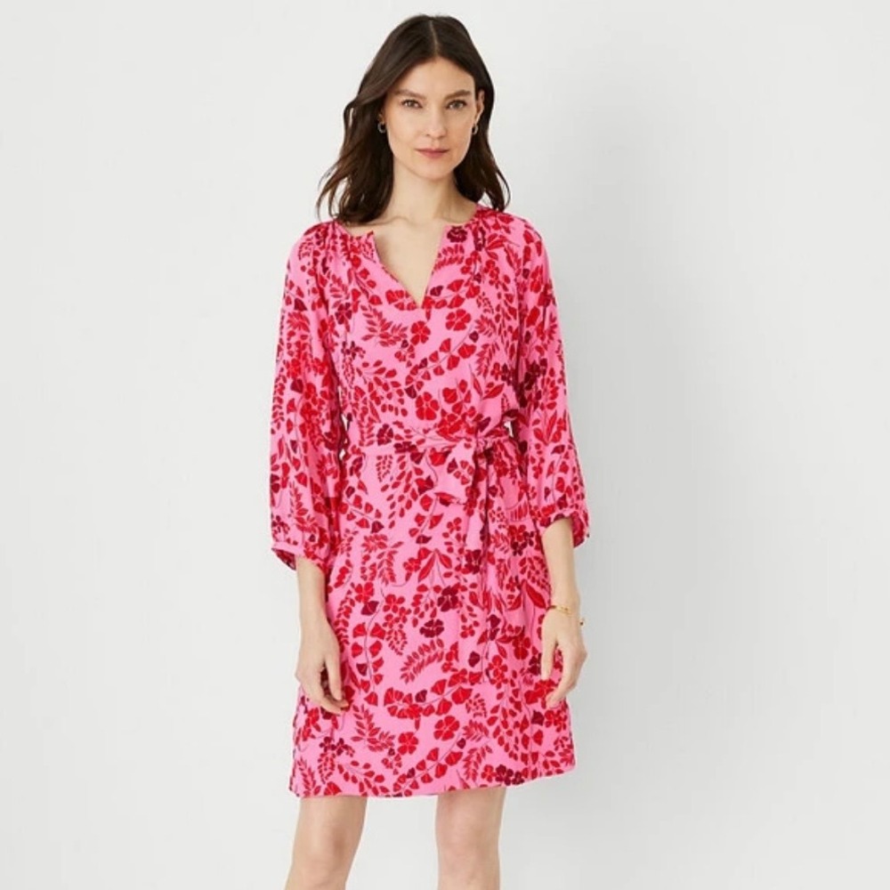 Ann Taylor Pink Floral Puff Sleeve Belted Shift Dress NWT Petite Small